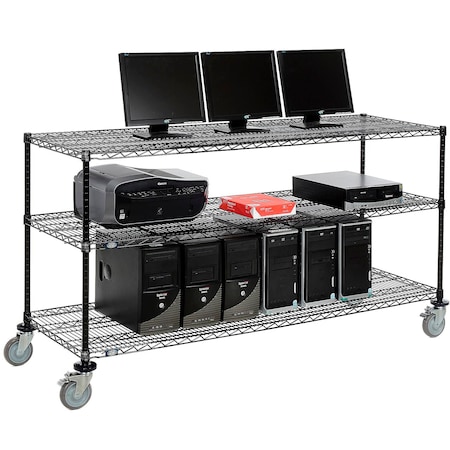 Nexel 3-Shelf Mobile Wire Computer LAN Workstation, 72inW x 24inD x 40inH, Black 695381BK